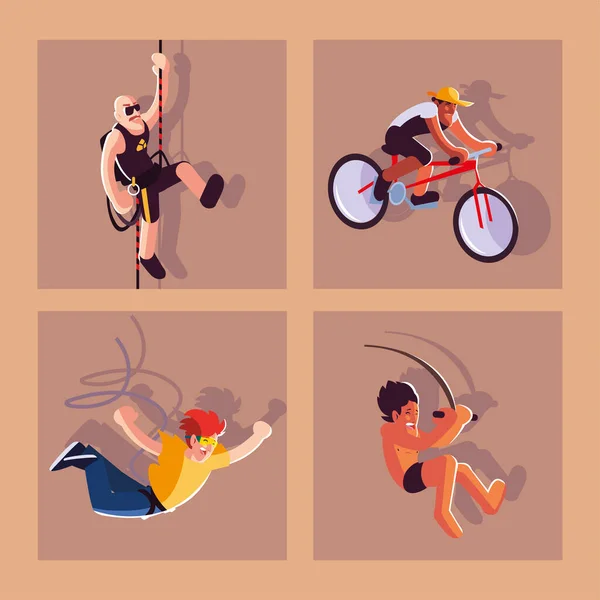 Juego de tarjetas personas en actividades deportivas — Vector de stock