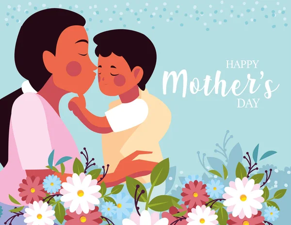 Woman with son, label happy mother day — Stock Vector