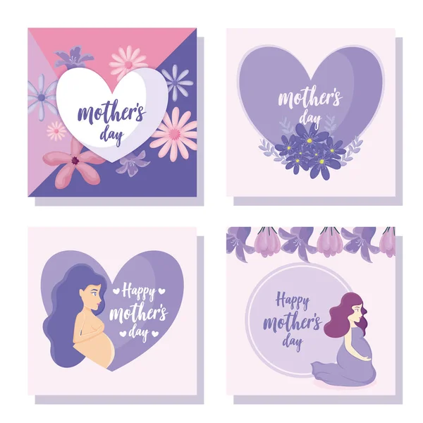 Щасливі листівки на день матері з серцями, квітами і вагітними жінками — стоковий вектор
