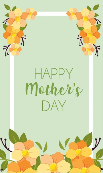 Tarjeta con etiqueta feliz día de las madres y marco de flores — Vector de stock