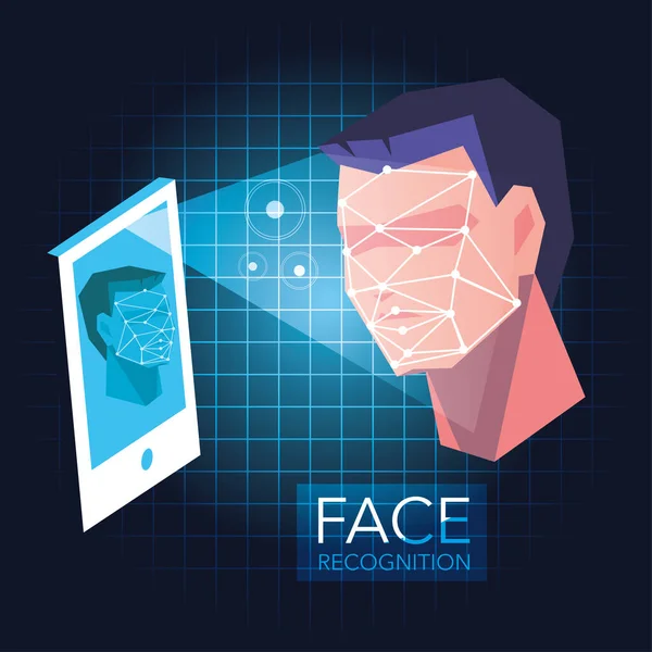 Smartphone scanne un visage d'homme, application mobile pour la reconnaissance faciale — Image vectorielle