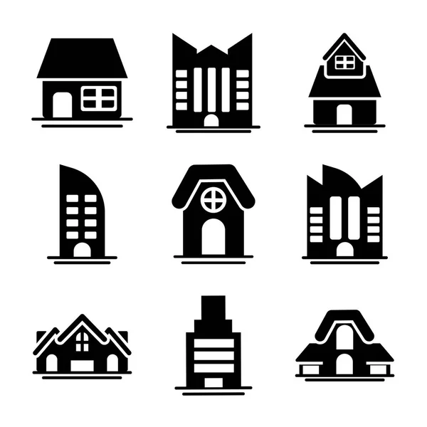 Set of icons of towers of apartment, office building and house , silhouette style icon — Stock Vector
