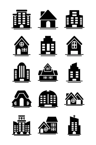 Set ikon menara apartemen, gedung perkantoran dan rumah, ikon gaya siluet - Stok Vektor