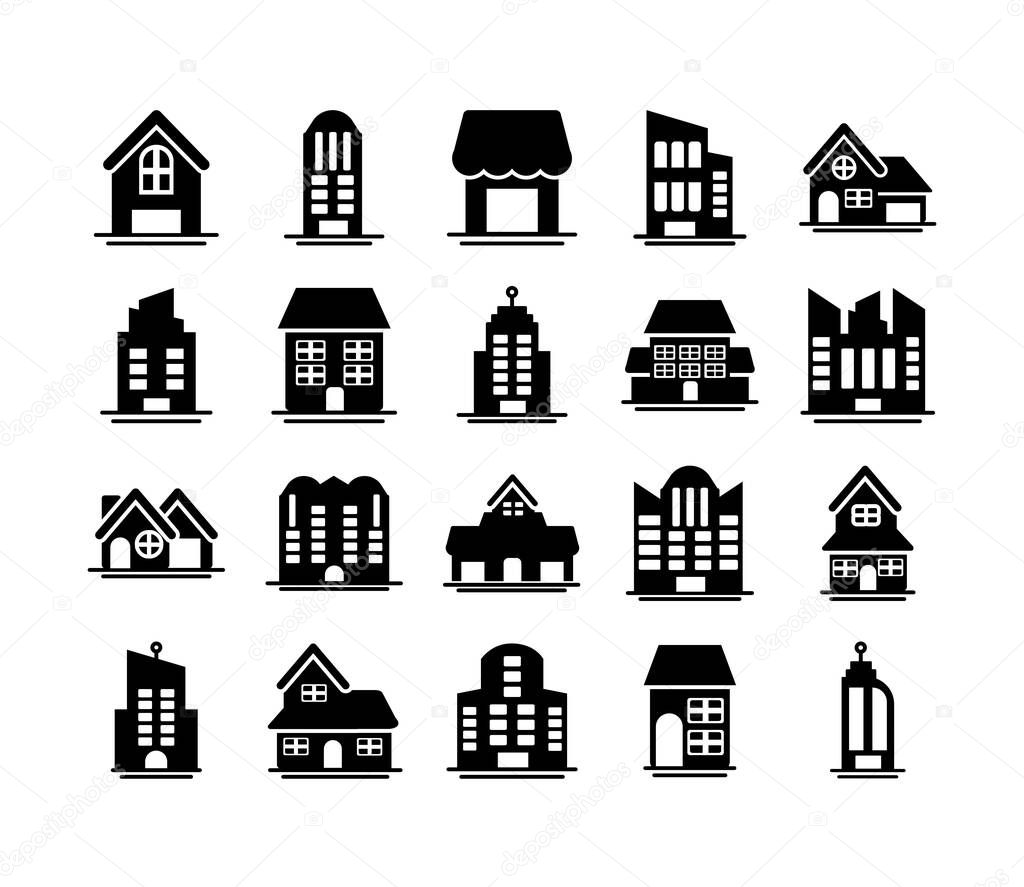 set of icons of towers of apartment, office building and house , silhouette style icon