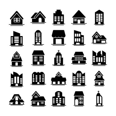 Apartman, ofis binası ve ev ikonları, siluet tarzı simge