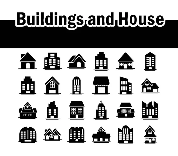 Conjunto de iconos de torres de apartamento, edificio de oficinas y casa, icono de estilo silueta — Archivo Imágenes Vectoriales