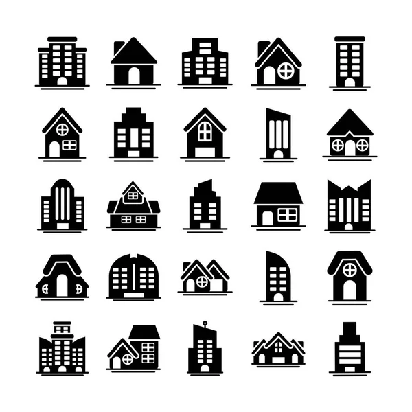 Set of icons of towers of apartment, office building and house , silhouette style icon — Stock Vector