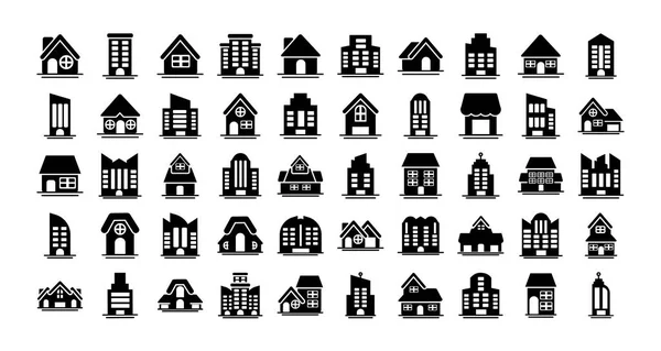 Set of icons of towers of apartment, office building and house , silhouette style icon — Stock Vector