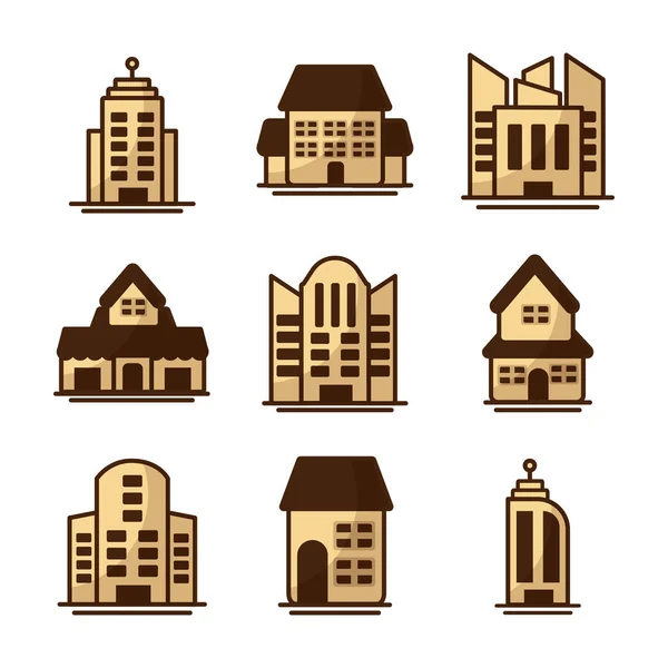 Conjunto de iconos de torres de apartamento, edificio de oficinas y casa sobre fondo blanco — Vector de stock