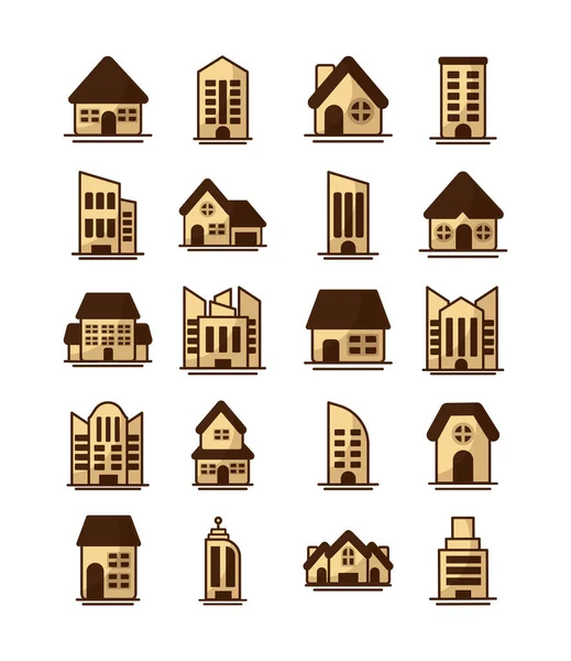 Set of icons of towers of apartment, office building and house on white background — Stock Vector