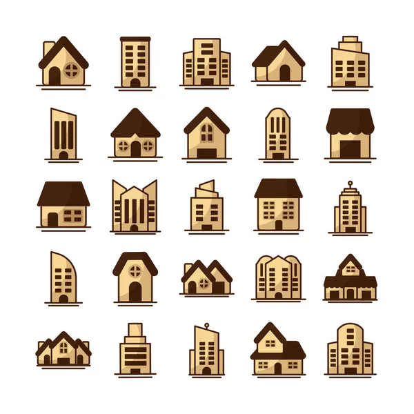 Conjunto de iconos de torres de apartamento, edificio de oficinas y casa sobre fondo blanco — Vector de stock