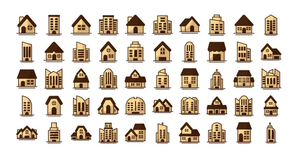 Reihe von Ikonen von Wohntürmen, Bürogebäuden und Häusern auf weißem Hintergrund — Stockvektor