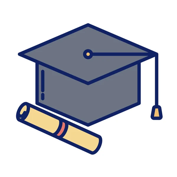 Graduatie cap en diploma, lijn en vul stijl pictogram — Stockvector