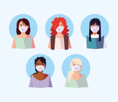 Virüsü ve koronavirüsü önlemek için beyaz tıbbi yüz maskesi takan farklı uluslardan insanlar