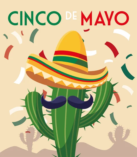 Cactus and hat mexican with label cinco de mayo — 스톡 벡터