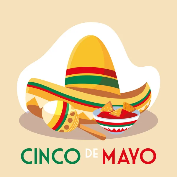 Мексиканская шляпа и маракасы с этикеткой Синко де Майо — стоковый вектор
