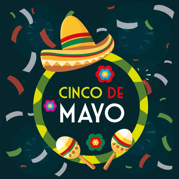 Hatt mexikanska och maracas med etikett cinco de mayo — Stock vektor