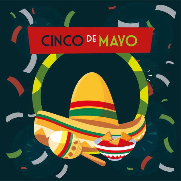 Мексиканская шляпа и маракасы с этикеткой Синко де Майо — стоковый вектор