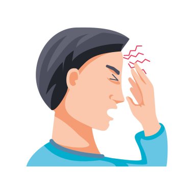 Beyaz arka planda baş ağrısı ve migreni olan bir adam.