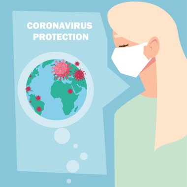 Cerrahi maskeli kadın, halka açık yerlerde koronavirüse karşı koruma.