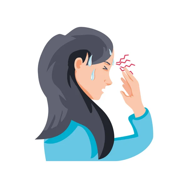 Frau mit Kopfschmerzen, Migräne auf weißem Hintergrund — Stockvektor