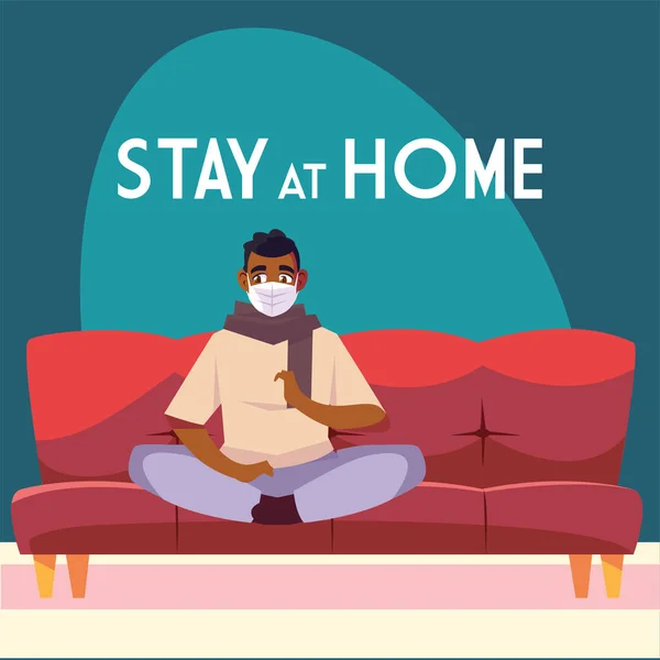Оставайтесь дома, рекламная кампания в социальных сетях и профилактика коронавируса: человек сидит на диване — стоковый вектор