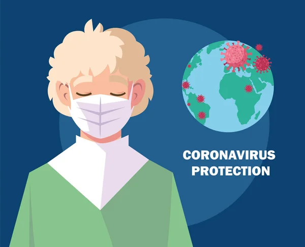 Mann mit OP-Maske, Schutz vor Coronavirus im öffentlichen Raum — Stockvektor