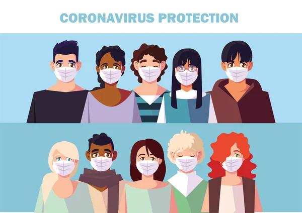 Menschen mit medizinischer Gesichtsmaske, Coronavirus-Prävention — Stockvektor