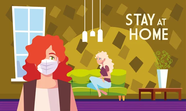 Blijf thuis bewustmaking social media campagne en coronavirus preventie, vrouwen in de woonkamer — Stockvector