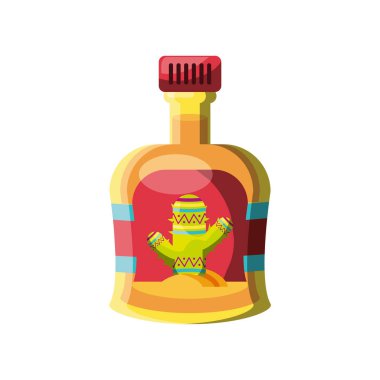 Tekila şişesi, beyaz arka planda geleneksel Meksika içkisi.