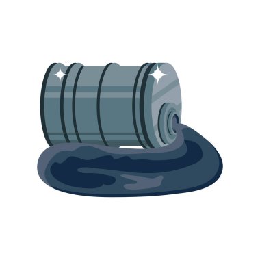 Beyaz zemin üzerine dökülen yağlı metal varil.