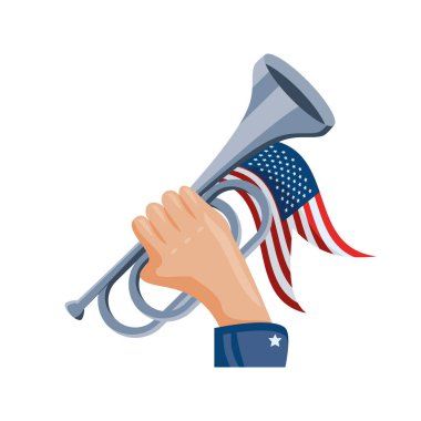 Askeri müzisyen beyaz arka planda trompet çalıyor.