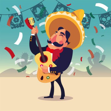 Gitarlı Meksikalı mariachi, tipik müzik aleti.