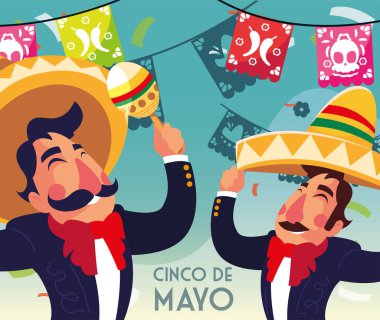 Cinco de mayonez bayramında Mariachi takım elbiseli adamlar.