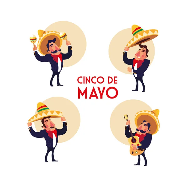 Mariachi messicani con icone set del cinco de mayo — Vettoriale Stock