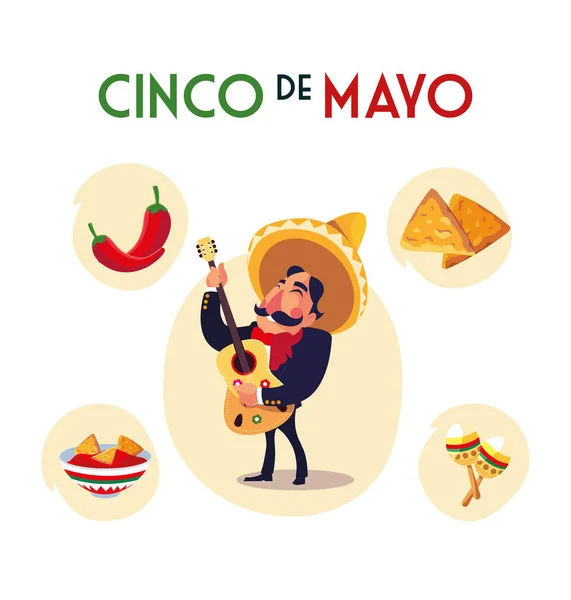 Mariachi messicani con icone set del cinco de mayo — Vettoriale Stock