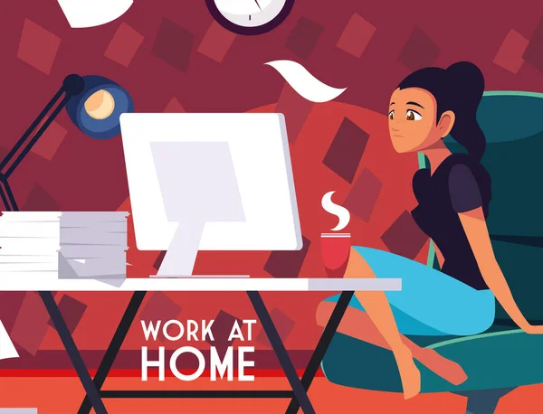 Mujer freelancer trabajando remotamente desde su casa, trabajando en casa — Vector de stock