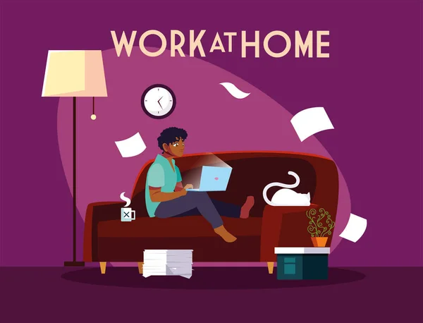 Hombre freelancer trabajando remotamente desde su casa, trabajo en casa — Vector de stock