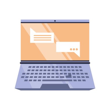 Beyaz arkaplanda konuşma baloncuğu olan dizüstü bilgisayar aç