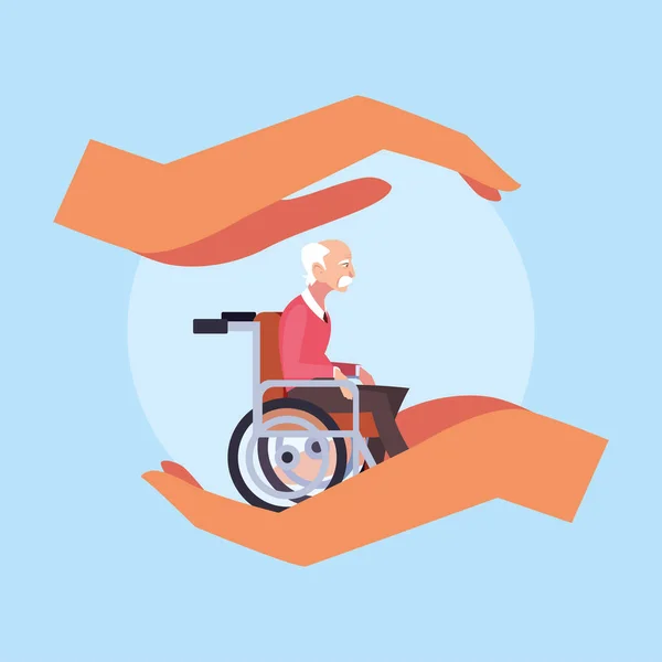 Soins aux personnes âgées, vieil homme en fauteuil roulant — Image vectorielle