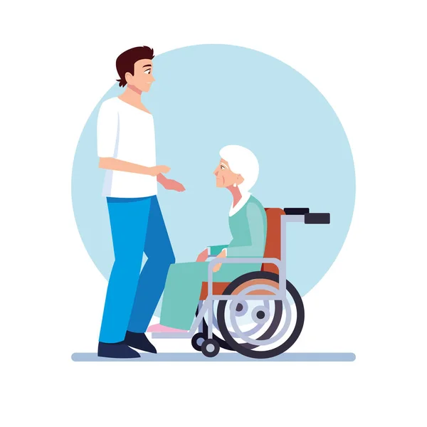 Jeune homme prendre soin de la vieille femme — Image vectorielle