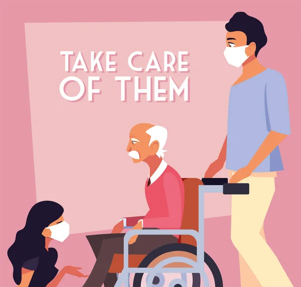 La gente cuida al anciano en silla de ruedas, la etiqueta cuida de ellos — Vector de stock