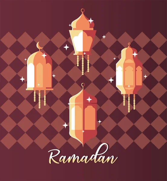 Lampe éclairée avec étiquette ramadan — Image vectorielle