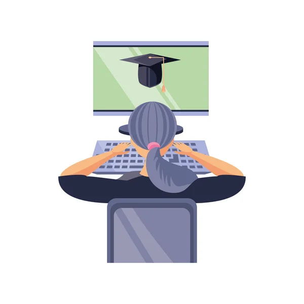 Vrouw aan de voorkant van een de desktop computer, online onderwijs — Stockvector