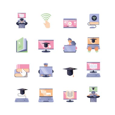 bir dizi ikon çevrimiçi eğitim, eğitim teknolojisi