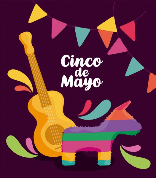 Gitara z osłem pinata, etykieta cinco de mayo — Wektor stockowy