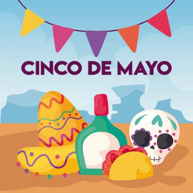 Şapka ve tekila ile Cinco de Mayonez etiketi