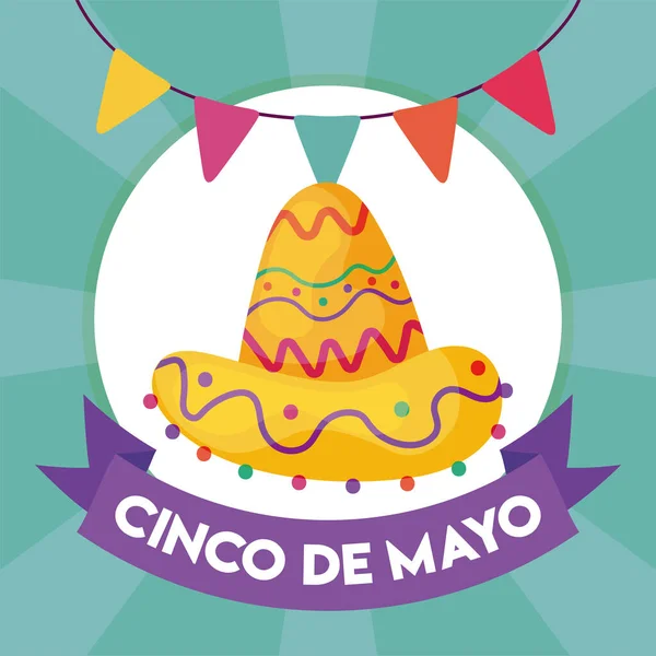 Značka cinco de mayo s mexickým kloboukem — Stockový vektor