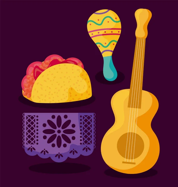 Guitarra con tacos y maracas, símbolos del cinco de mayo — Vector de stock