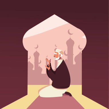 Müslüman adam camide namaz kılıyor, Ramazan Kareem.